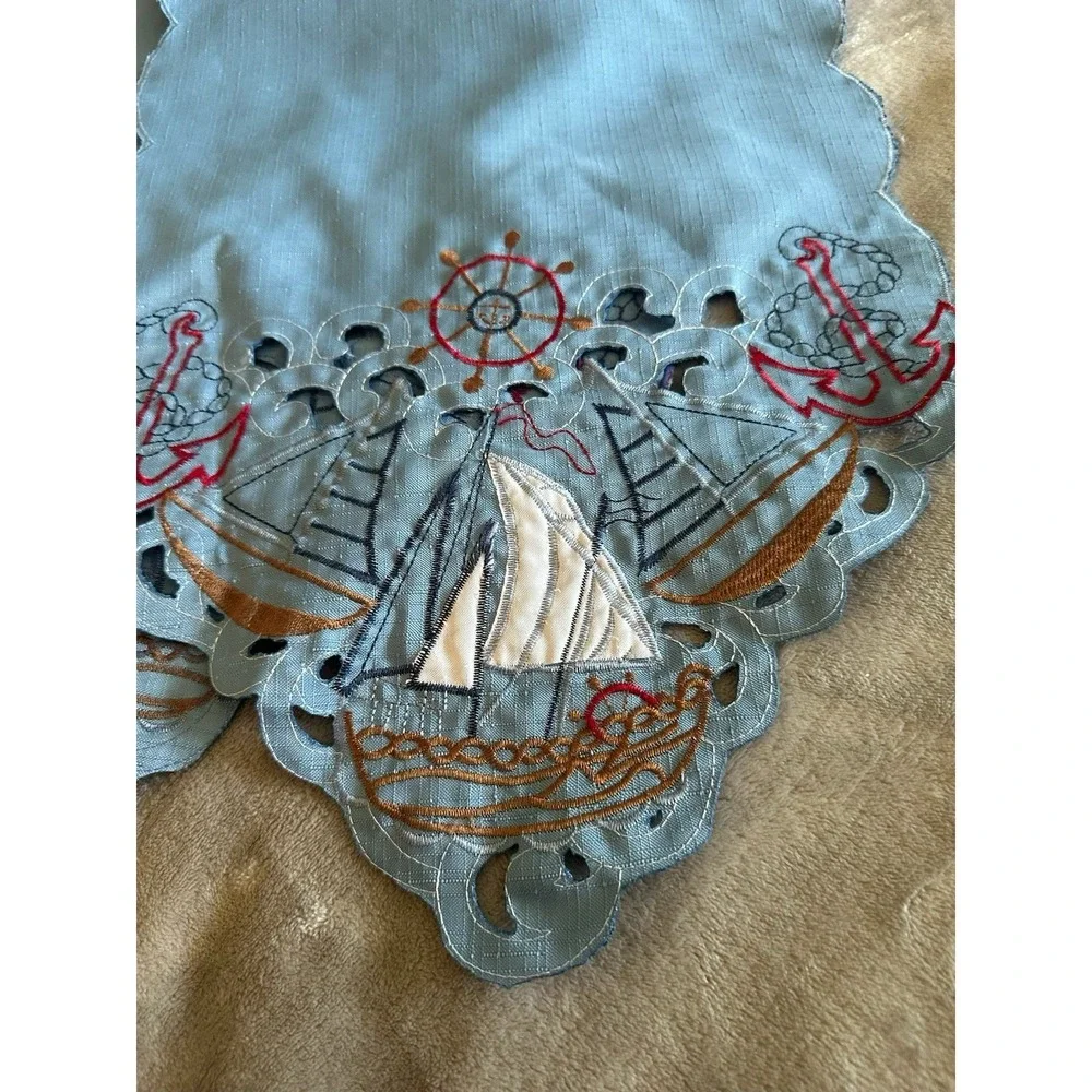 Nautical Themed Embroidered Table runner Topper Cutwork Coastal Sailboats